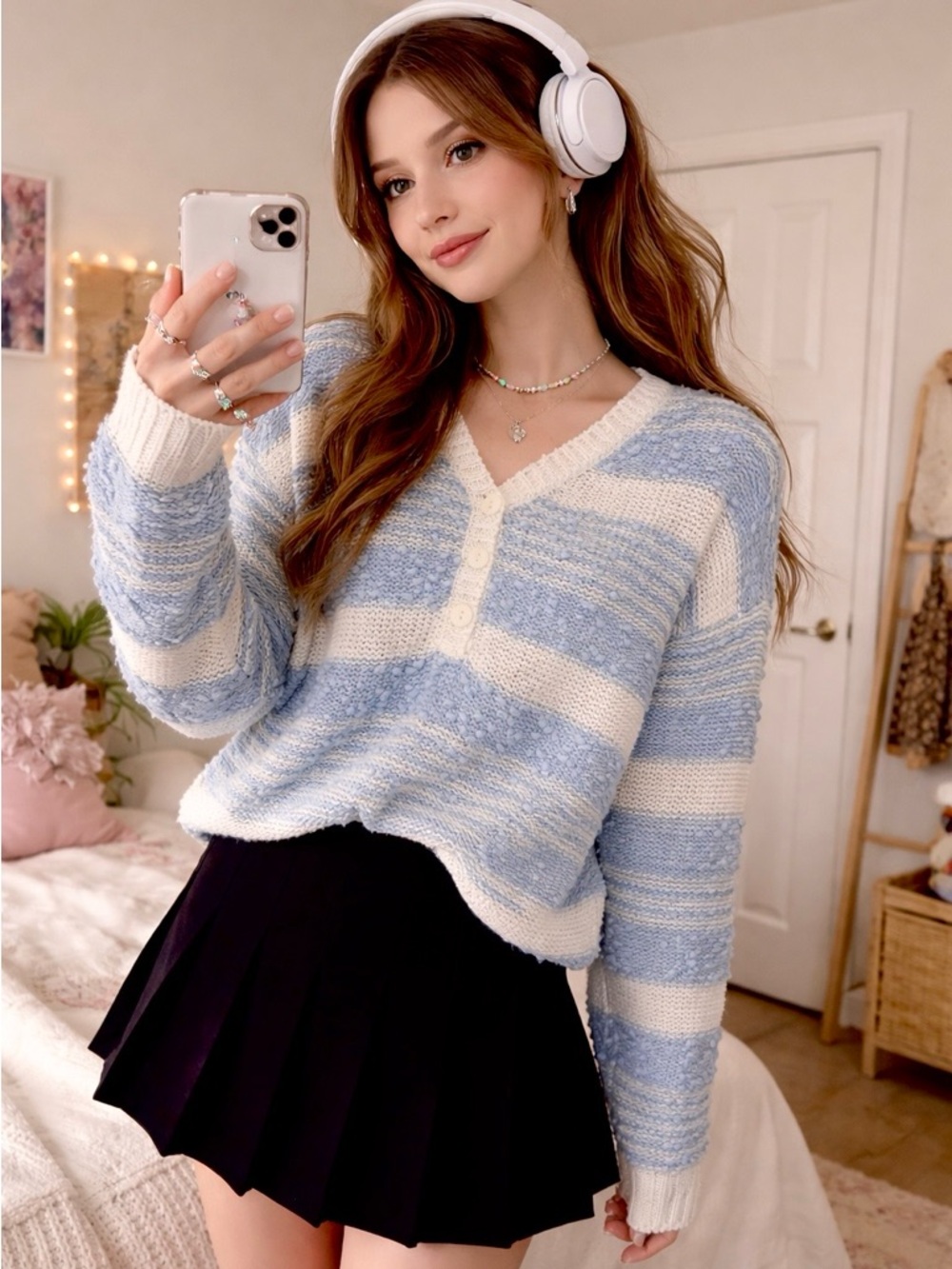 90’s Mervyn’s Blue White Striped Button Down Cozy Sweater Vintage Cottagecore
